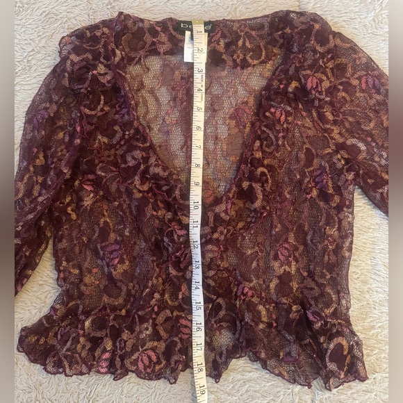 Bebe Y2K Women's Floral Sheer Lace Ruffled Blouse w/ Gold, Wine & Deep Pink Hues - Picture 13 of 16